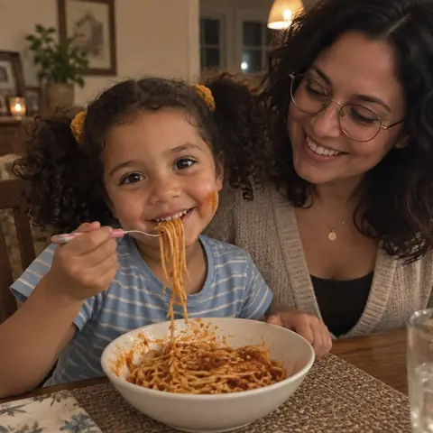 Sample photo: Tavi eating spaghetti with Mom